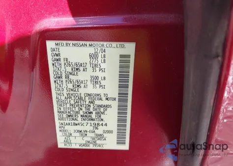 2005 Nissan Pathfinder Le/Se/Xe z USA, uszkodzony, nr VIN 5N1AR18W45C719844